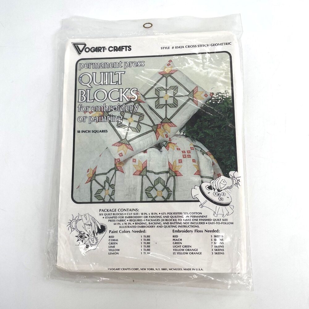 VTG Vogart Stamped Quilt Blocks #8542A Cross Stitch 6 Blocks 18 X 18 Sealed NEW